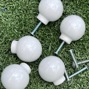 White Ceramic Cabinet Knobs Set of 5 Round Drawer Pulls Minimalist 1.25
