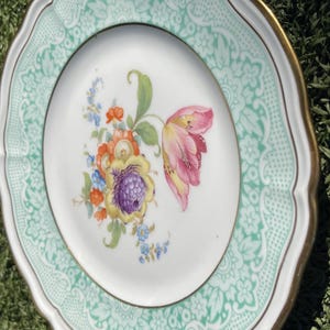 Vintage Schumann Bavaria Floral Plate 7.75” Scalloped Edge Green Border Gold Trim Germany