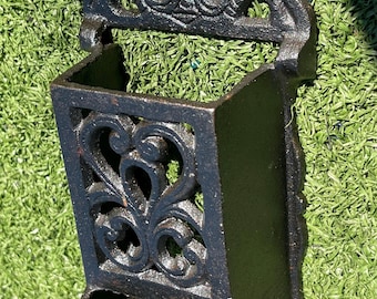 Vintage Black Cast Iron Wall-Mounted Holder – Ornate Scroll Design, 9” Tall