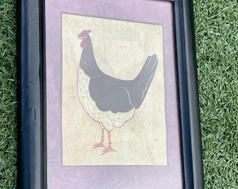 Vintage Folk Art Chicken Print in Black Frame – Rustic Farmhouse Country Wall Decor