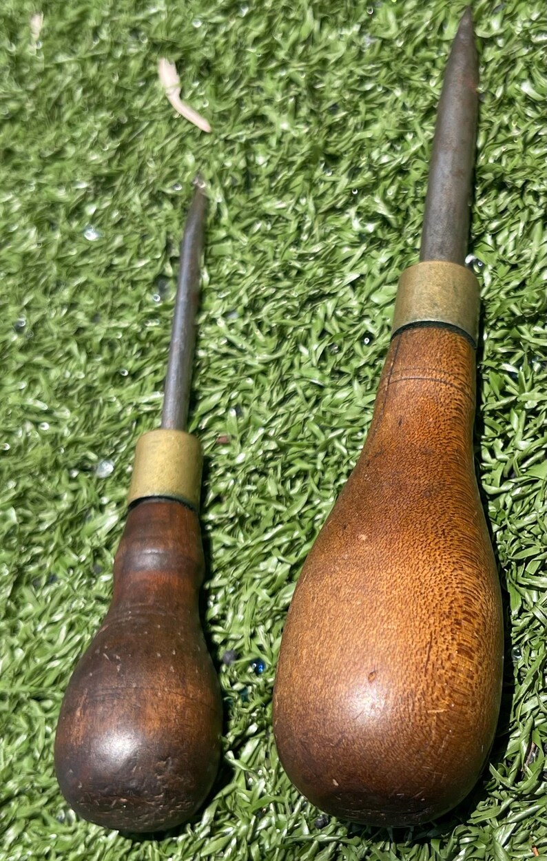 Old Awls Antique Awl Tools Set of 2 – Wood Handles, Brass Ferrules Forged Steel ...