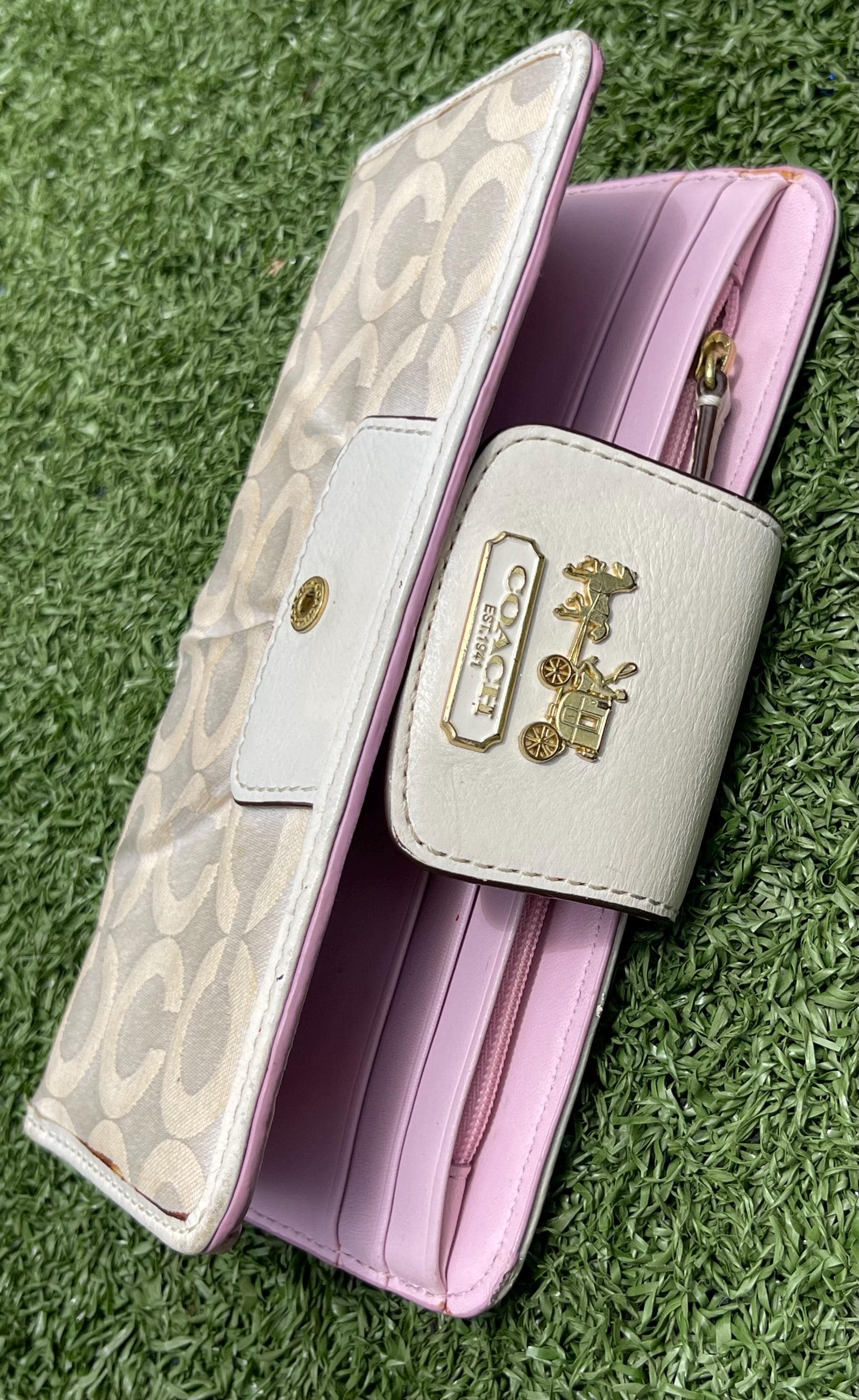 Vintage Coach Wallet – Pink Leather & Signature Canvas, 7.5