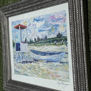 Hand Signed Popo Flanigan Framed Giclee Print Coastal Beach Art Boat Lifeguard Tower 18 Inch
