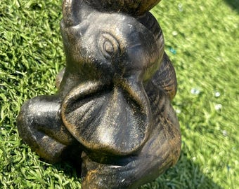 Vintage 4” Ceramic Elephant Figurine – Black & Gold Good Luck Trunk Up Sculpture