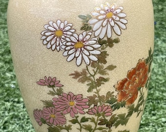 Vintage Japanese Satsuma-Style Vase • 7” Hand Painted Chrysanthemums & Peonies • CPO Japan Mark