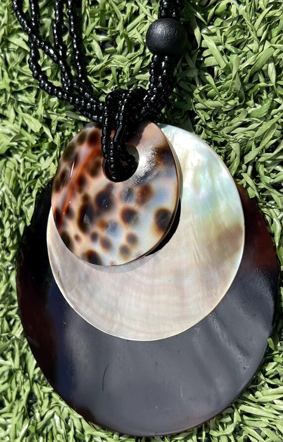 Abalone Shell Statement Necklace Black Beaded Mul… - image 2