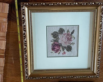Vintage Framed Needlepoint Rose Art – Pink & Burgundy Floral Embroidery in Ornate Gold Frame – Cottagecore Wall Hanging 10”x10”