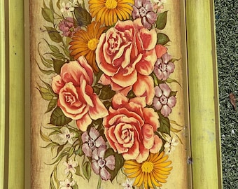 Large 18”x13” Vintage Metal Floral Tray – Roses & Wildflowers Tin Litho – Mid-Century Green Yellow Retro Serving Tray