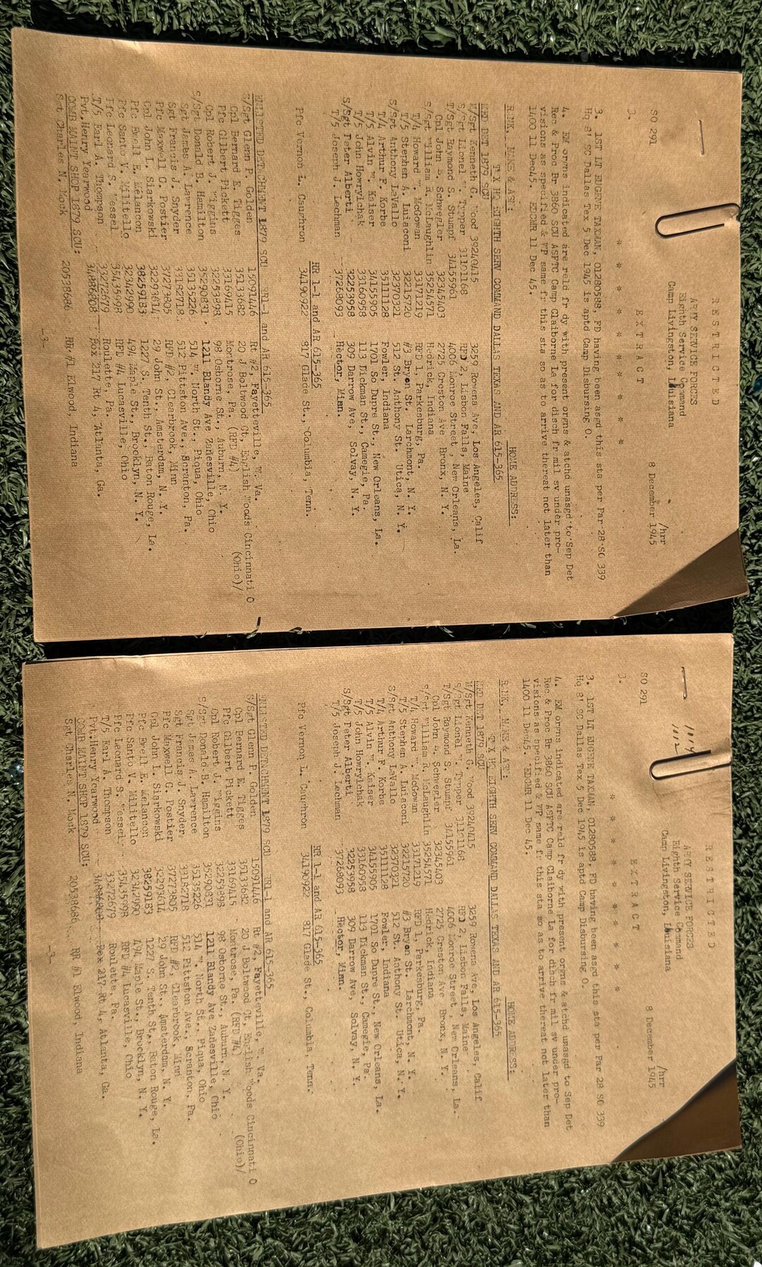 1945 WWII U.S. Army “RESTRICTED” Special Orders No. 291 – Eighth ...