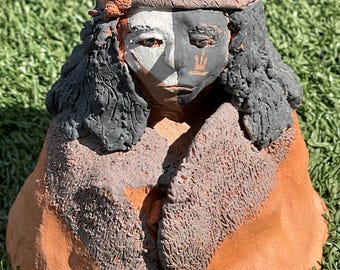 Handmade Clay Sculpture – Southwest Native-Inspired Figure – 5” Terracotta & Gray Art