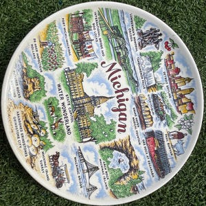 Vintage Michigan Souvenir Plate – 9.5” State Collectible with Landmarks, Colorful Mid-Century Design