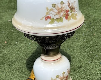 Vintage 16 Inch Hurricane Style Table Lamp Milk Glass Floral Shade Ornate Base Working