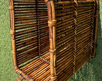 17” Vintage Rattan Storage Basket • Mid-Century Hand-Woven Reed • Boho Coastal Décor