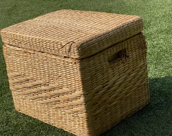 Vintage Woven Wicker Storage Chest with Lid – Handmade Basket Trunk 16” x 13”
