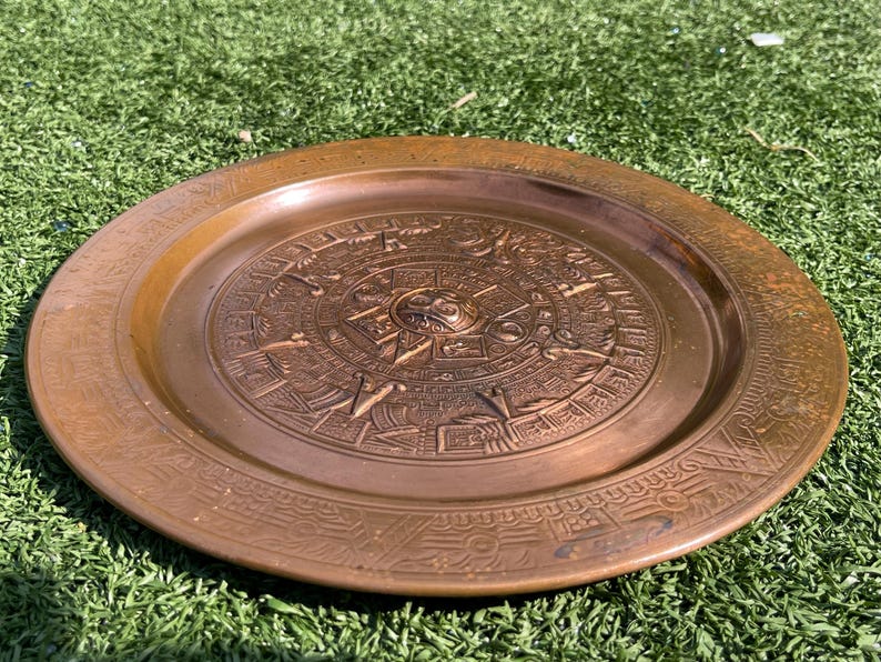 Vintage Aztec Calendar Copper Wall Plate – 11” Decorative Mexican Sun ...