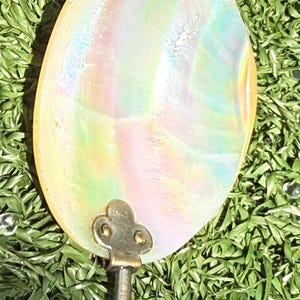 May include: A pearlescent, iridescent fan blade with a brass handle. The fan blade has a teardrop shape and displays a range of colors, including yellow, pink, and green. The handle has a decorative, three-lobed design.