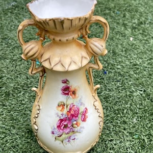 Antique Austrian Porcelain Vase – 6.5” Tall – Hand-Painted Floral Design with Ornate Handles – Marked Austria