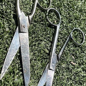 May include: Two vintage silver scissors with rounded finger holes, resting on a bed of green artificial grass. The scissors have sharp blades and a classic design, suggesting they are for general use.