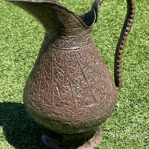 Antique Tinned Copper Ottoman/Persian Ewer (Ibrik/Aftabeh) – Hand-Chased Arabesques, Serpent Handle – 11”