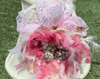 Vintage Morlee Lamp Shade 8.75 Inch Shabby Chic Pink Lace Floral Pearl Cottage Decor