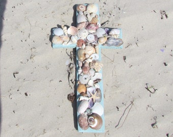 Shell Wall Cross in Blue with Seashells and Sea Glass, Easter Cross