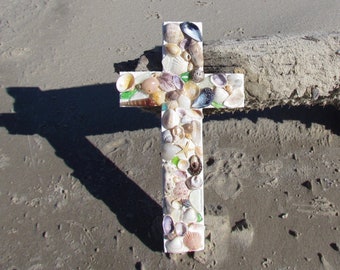 Shell Wall Cross in White with Seashells and Sea Glass, Easter Cross