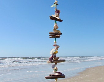 Driftwood Seashell and Sea Glass Mobile, Coastal Wind Chime Mobile