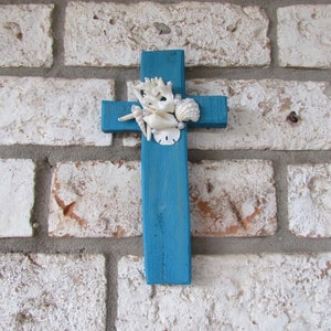 Shell Wall Cross in Turquoise Blue with Seashells, Coastal Wall Cross