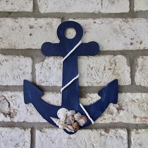 Wood Anchor with Seashells and Rope, Nautical Decor