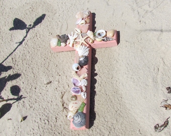 Shell Wall Cross in Coral with Seashells and Sea Glass, Easter Cross