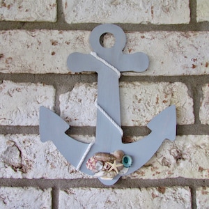 Wood Anchor with Seashells and Rope, Nautical Decor