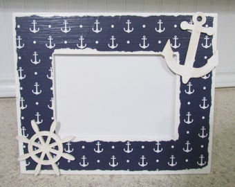 Decoupage Coastal Nautical Beach Picture Frame with Anchor and Ship's Wheel