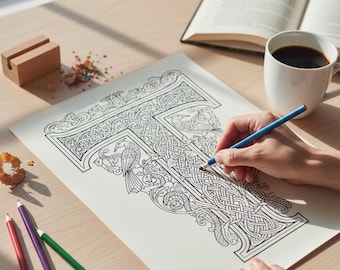 Celtic Letter T Coloring Page: Medieval Knotwork Art (Digital Download)