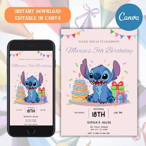 Stitch Editable Birthday Invitation Template, Printable Birthday Invitations, Digital Kids Party Invite, Digital Bday Card Invite, Stitch
