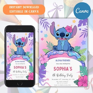 Stitch Birthday Invitation Editable Template, Canva Editable Birthday Invitation, Stitch Birthday Party Invitation, Invite Canva Template