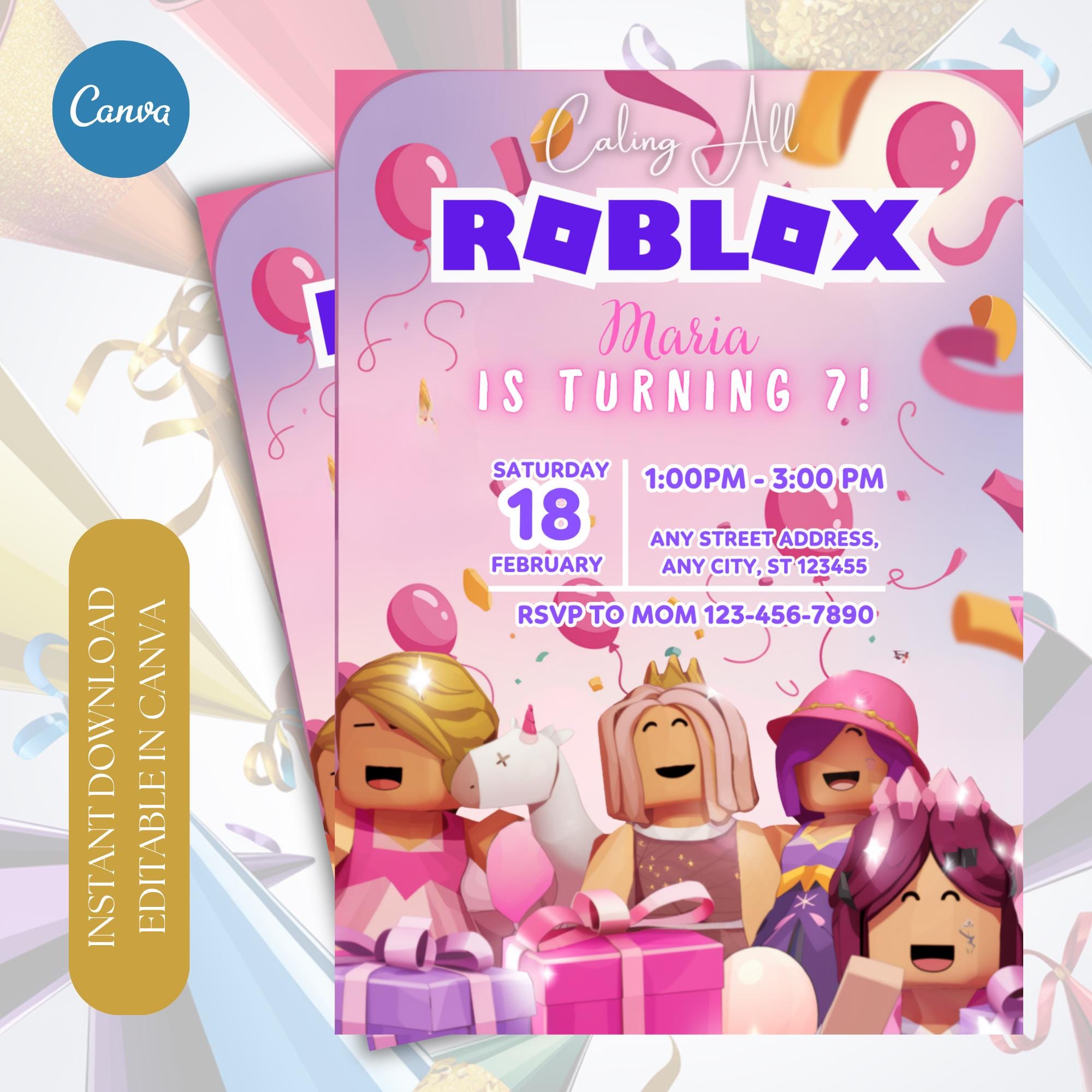 女の子向けRoblox誕生日招待状（編集可能）、ピンクゲーマーパーティー