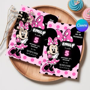 May include: Two birthday invitations featuring Minnie Mouse. The invitations have a pink polka dot background and a black silhouette of Minnie's head. The text reads "Emily is turning 5" with event details. Cupcakes are in the background.