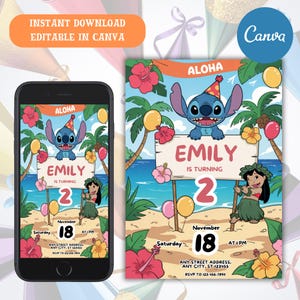 Stitch Pool Party Birthday Invitation for Girl, Editable Stitch Invitation, Hawaii Party Invite, Tropical Birthday Invitation