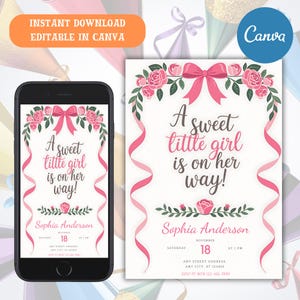 Blush Pink Bow Baby Shower Invitation Editable Elegant Watercolor Coquette Bow Invitation Pink Girl Baby Shower Invite Pink Ribbon Canva
