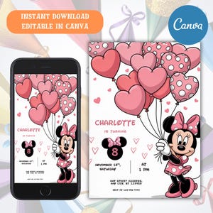 Minnie Mouse Birthday Invitation, Minnie Mouse Birthday Invitation Template Printable, Minnie Mouse Invitation Digitally Editable in Canva