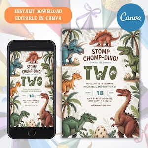Dinosaur Birthday Invitation, Three Rex Birthday Invite, Boys Third Birthday Dino Party, Three-Rex On The Loose, 3 Rex Invitation Template