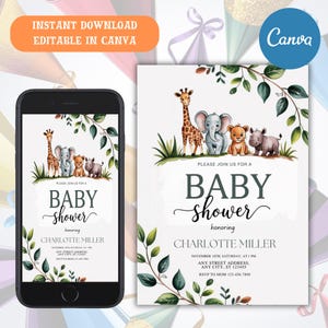 Safari Baby Shower Invitation, Wild One is on the Way Baby Shower Invite, Safari Animals Baby Shower Invitation template, Jungle Baby Invite