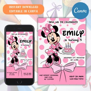 Editable Pink Minnie Mouse Birthday Invitation, Watercolor Girls Birthday Invitation, Printable Invitation, Pink Minnie Invitation, Canva