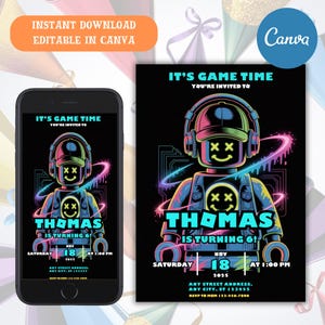 Roblox Invitation, Roblox Invite, Game Party, Roblox Boys Birthday Invitation Template, Game Birthday, Kids Roblox, Editable Template, Canva