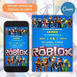 Roblox Invitation, Roblox Invite, Game Party, Roblox Boys Birthday Invitation Template, Game Birthday, Kids Roblox, Editable Template, Canva