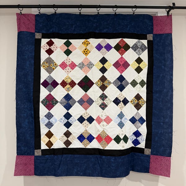 New Amish Four Patch Quilt Top – 40” x 40” Handmade On-Point • White & Navy Border • Winter Project • Lancaster County PA