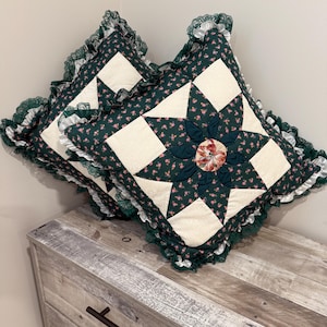 Pair of Amish Hand-Quilted Star Pillows 18x18” – Green Floral with Lace Trim- Cottage Charm