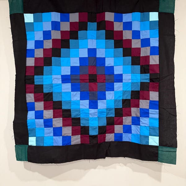 New Amish Sunshine Shadow Quilt Top – 38” x 39” Handmade Blue & Burgundy • Graphic Patchwork • Winter Project • Lancaster County PA