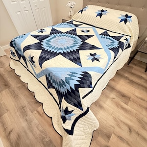 New Amish Quilt - Split Star Blue Heirloom Hand Quilted in Lancaster Pennsylvania 105x117  Scalloped Edge