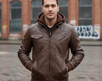 Men Brown Leather Jacket with Hood, Slim Fit Biker Style Zip Up Winter Coat